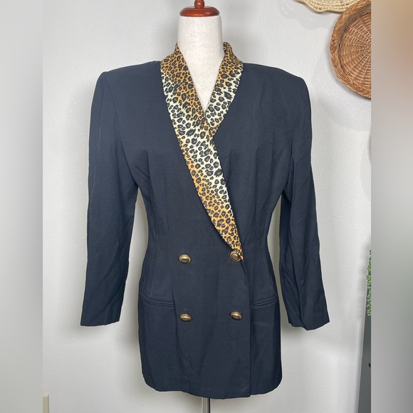 Vintage Jackets & Blazers - Vintage Black Double Breasted Blazer Jacket Leopard Print Collar Retro 80’s 90’s